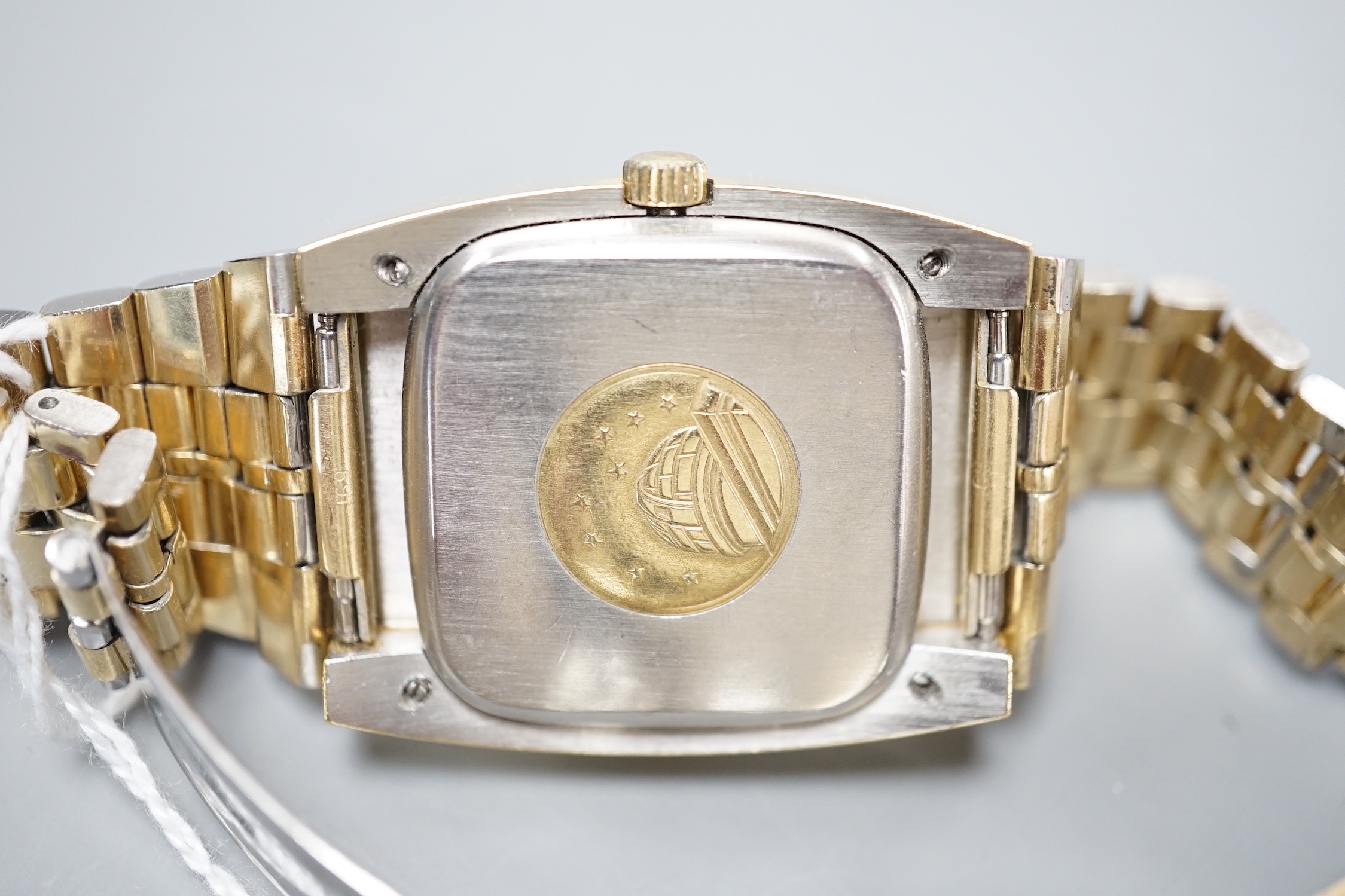 A gentleman's gold plated Omega Constellation Automatic wrist watch, on a gold plated Omega bracelet, case diameter 35mm, with date aperture, no box or papers.